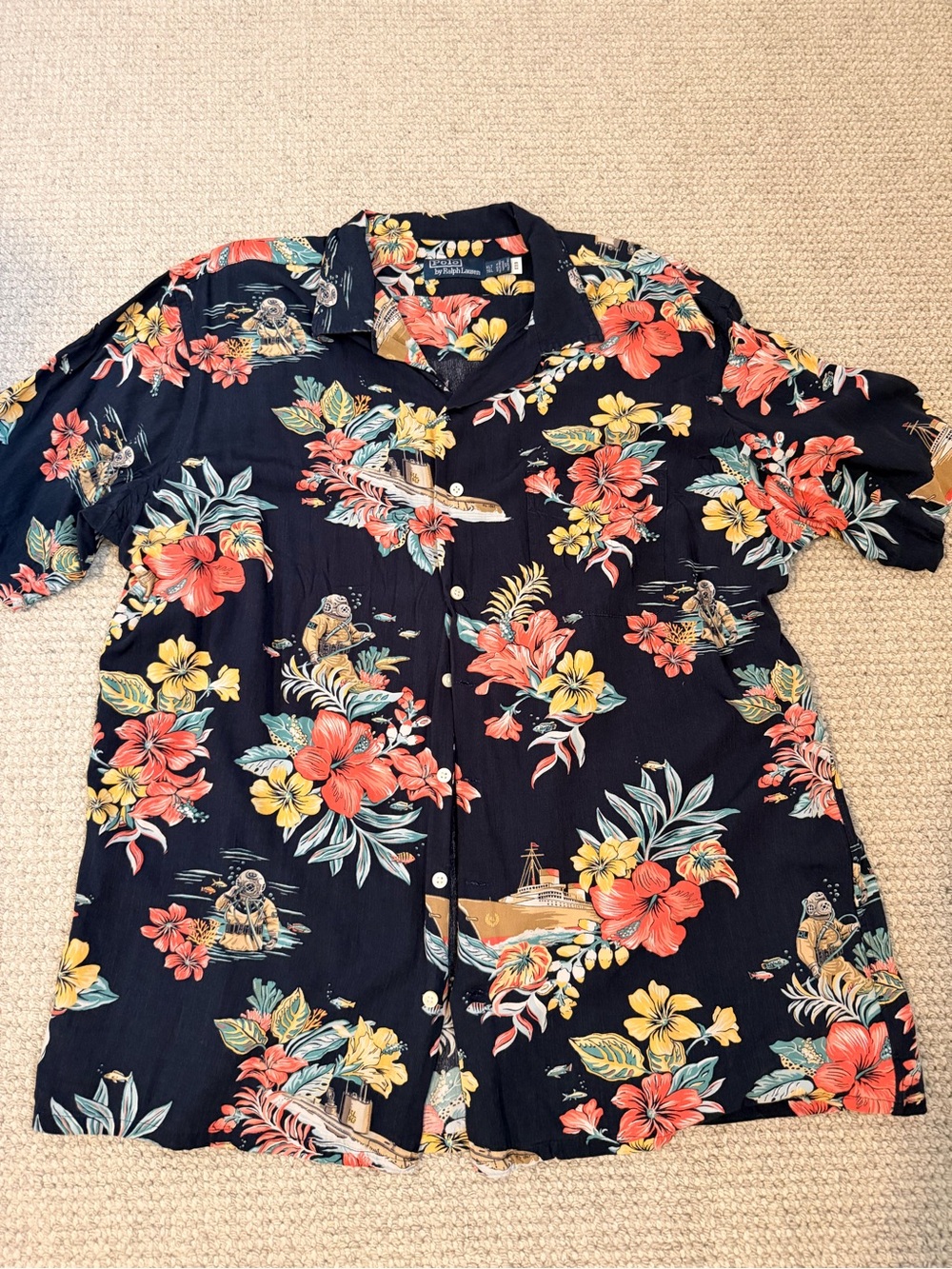 Ralph Lauren Hawaiian Floral Shirt with Red and Yellow Blooms